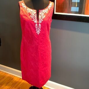 Jones New York bright pink beaded/embroidered neckline brocade sleeveless midi 6